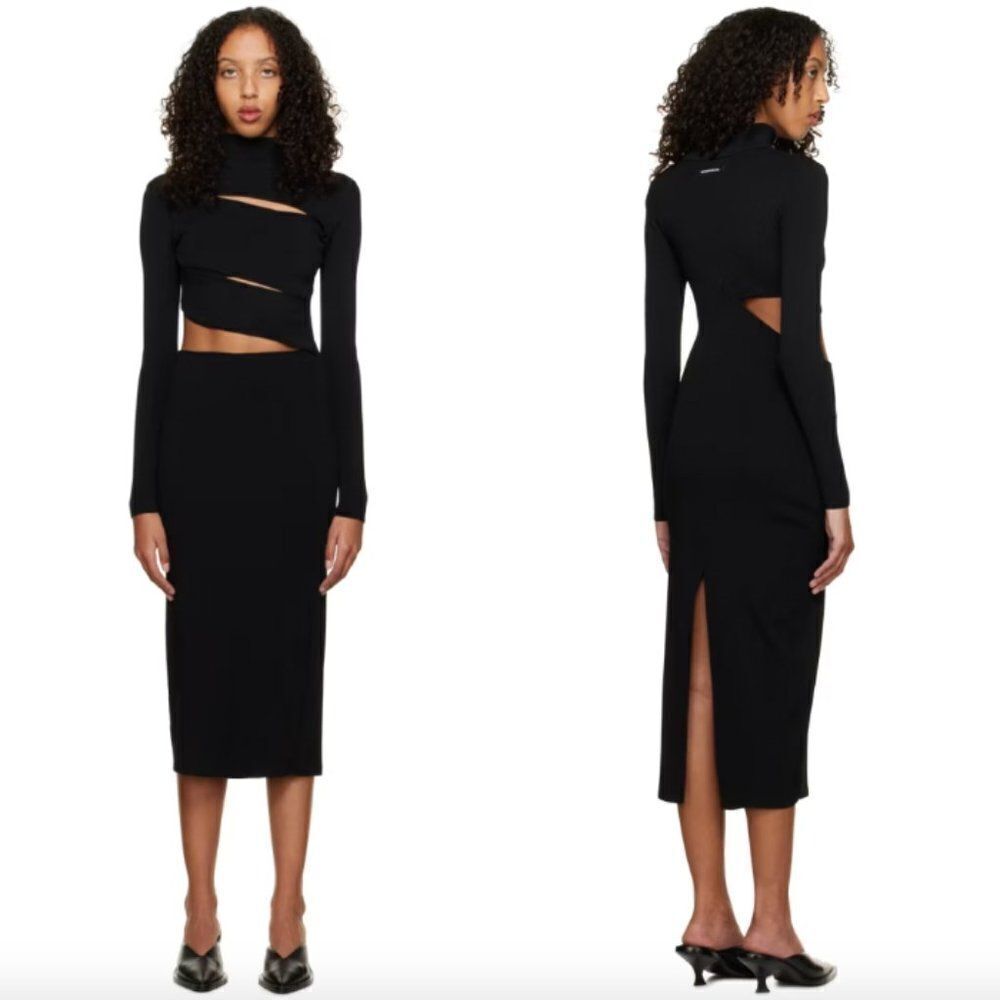 BOYAROVSKAYA black ribbed knit Fusilli cut out long sleeve mockneck midi dress